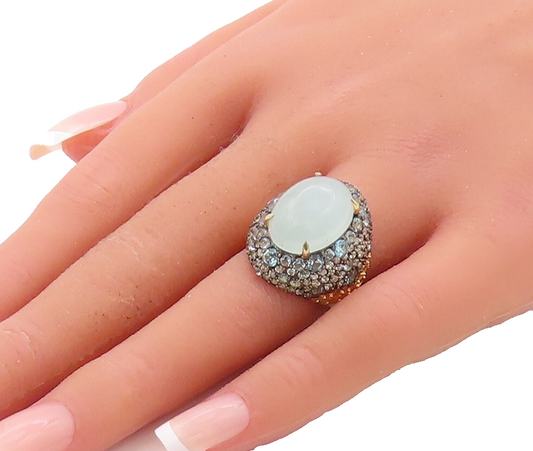 925 Sterling Silver Vintage Ring Gold Plated Gemstone & Blue CZ  Sz 7  RG30905