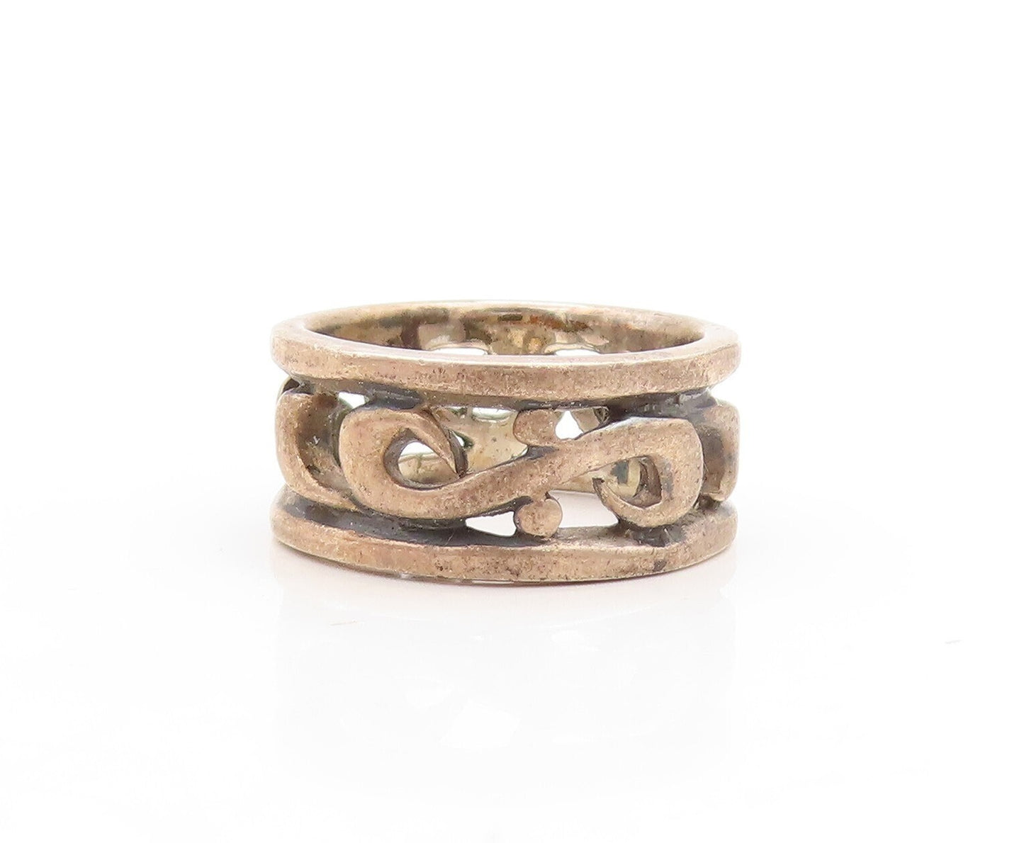 925 Sterling Silver Vintage Ring Dark Tone Solid Cutout Swirls  Sz 6  RG31297