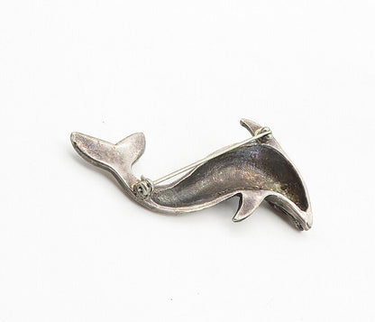 MEXICO 925 Sterling Silver  Vintage Dark Tone Dolphin Motif Brooch Pin  BP3281