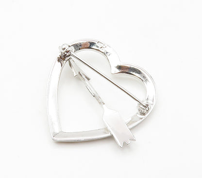 925 Sterling Silver  Shiny Open Love Heart Bow & Arrow Brooch Pin  BP6027