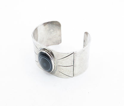 925 Sterling Silver  Vintage Agate Shiny Etched Wide Cuff Bracelet  BT1554