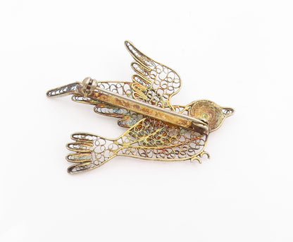 925 Sterling Silver Vintage Brooch Pin Gold Plated Filigree Bird Charm  BP12410