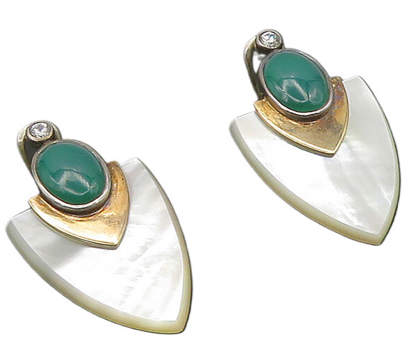 925 Silver & 9K GOLD  Vintage Mother Of Pearl Non Pierce Drop Earrings  EG9173