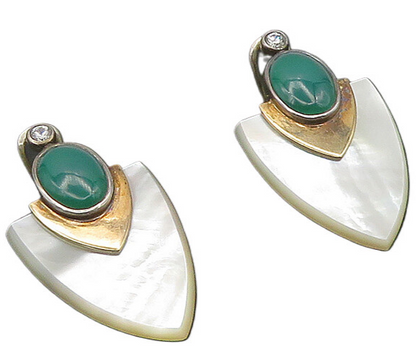 925 Silver & 9K GOLD  Vintage Mother Of Pearl Non Pierce Drop Earrings  EG9173