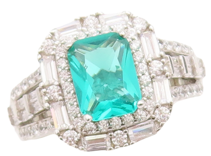 925 Sterling Silver Vintage Ring Rectangle Cut Aquamarine & CZ   Sz 7  RG29019