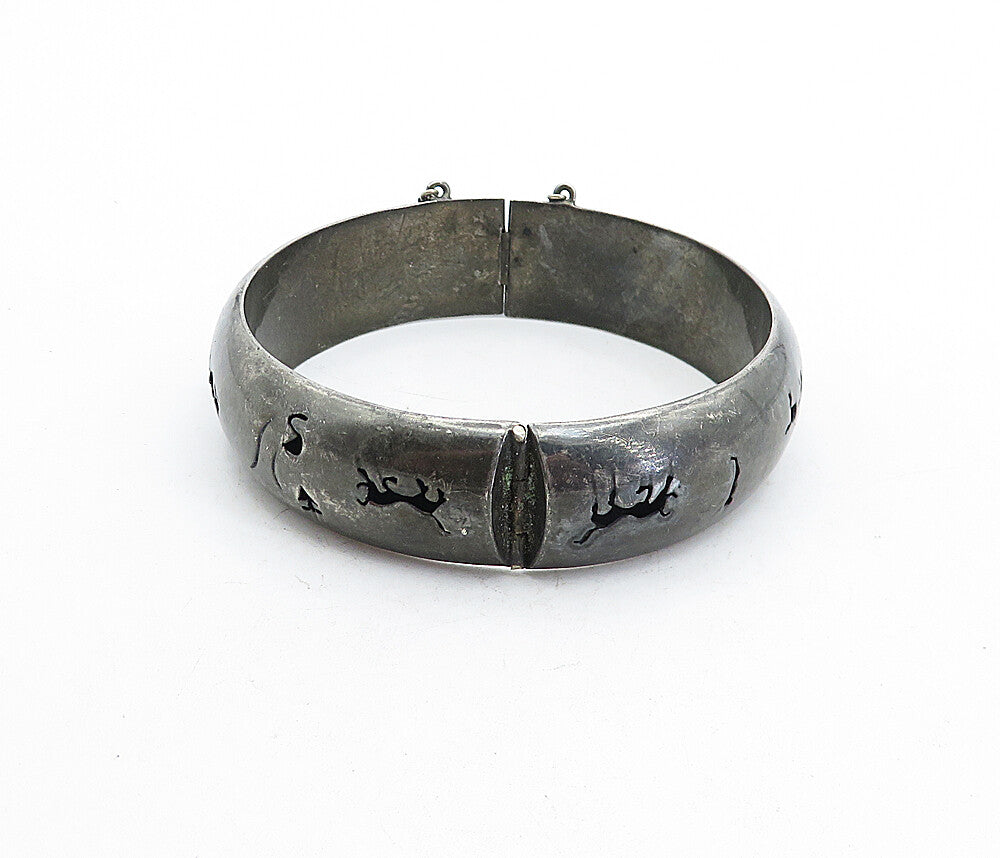 MEXICO 925 Sterling Silver  Vintage Oxidized Cutout Bangle Bracelet  BT1900