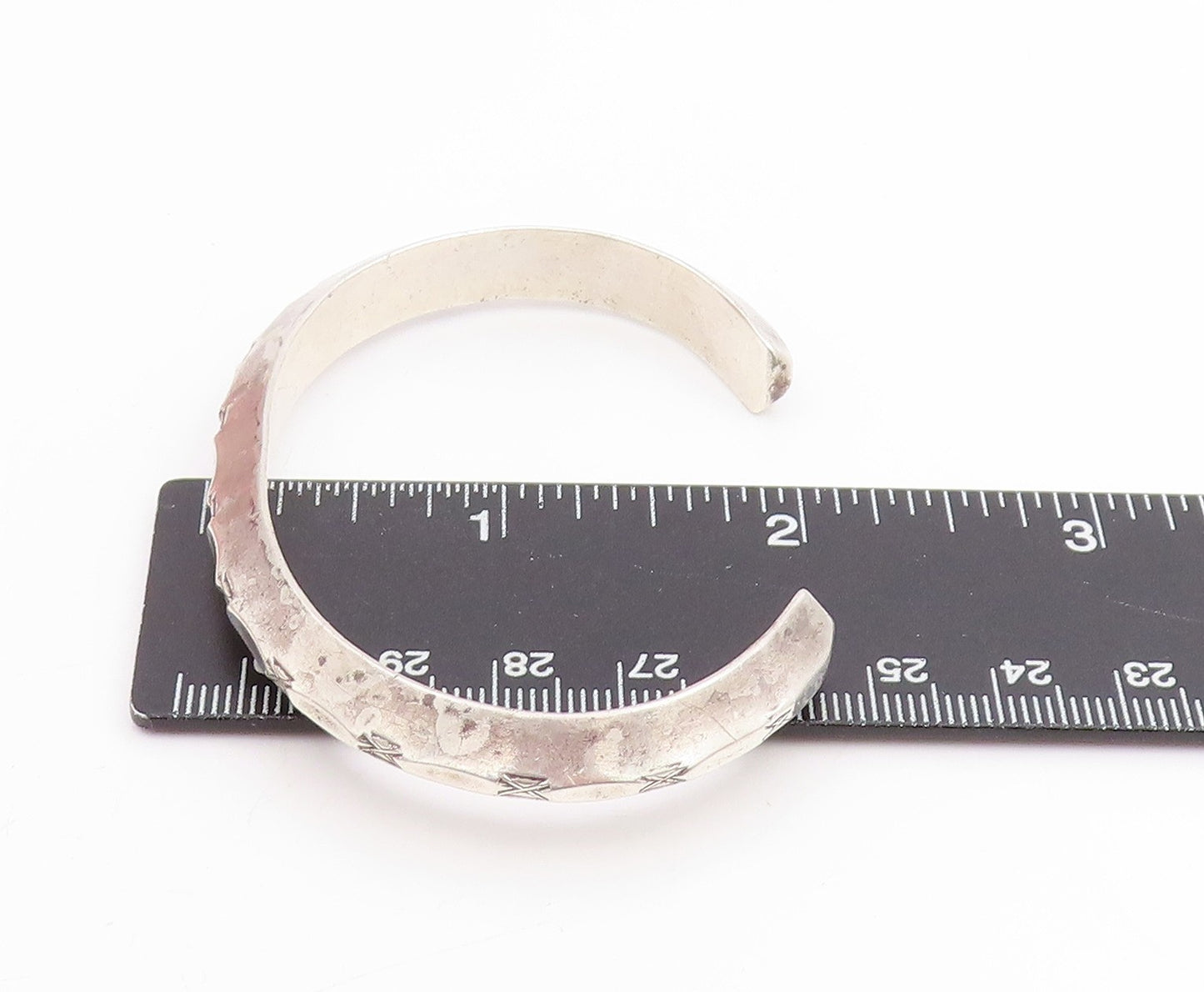 925 Sterling Silver Vintage Bracelet Modernist Solid Groove Narrow Cuff  BT11477