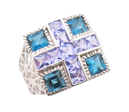 925 Sterling Silver Vintage Ring Square Cut Purple & Blue CZ  Sz 7.5  RG29952