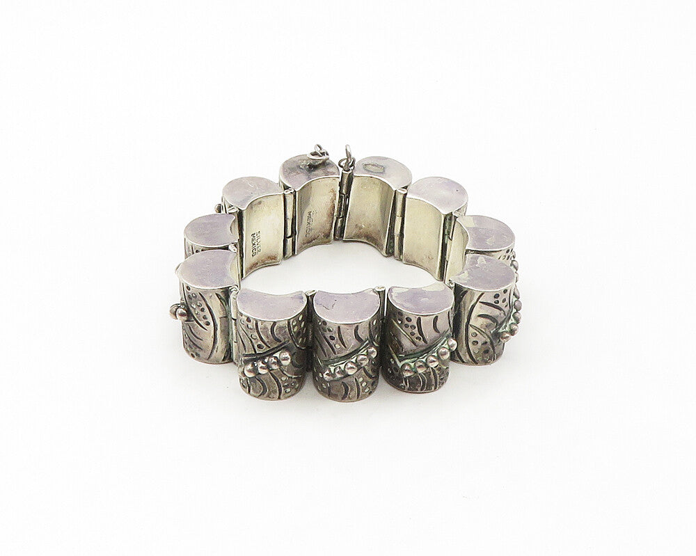 MEXICO 925 Silver Vintage Hollow Etched Dome Hinge Chain Bracelet BT6673