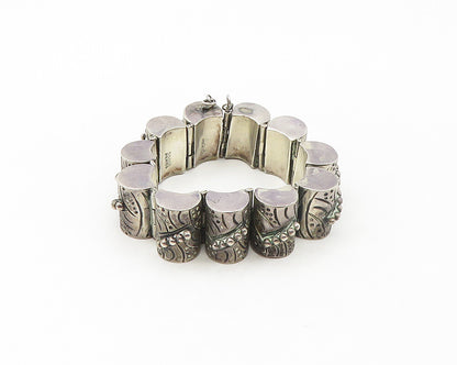 MEXICO 925 Silver Vintage Hollow Etched Dome Hinge Chain Bracelet BT6673