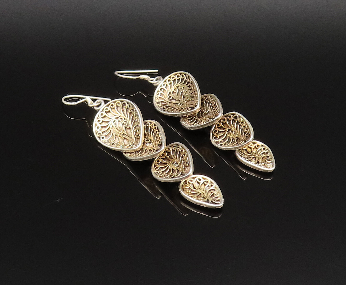 925 Silver  Vintage Swirl Detail Graduated Pear Shaped Earrings  EG11983