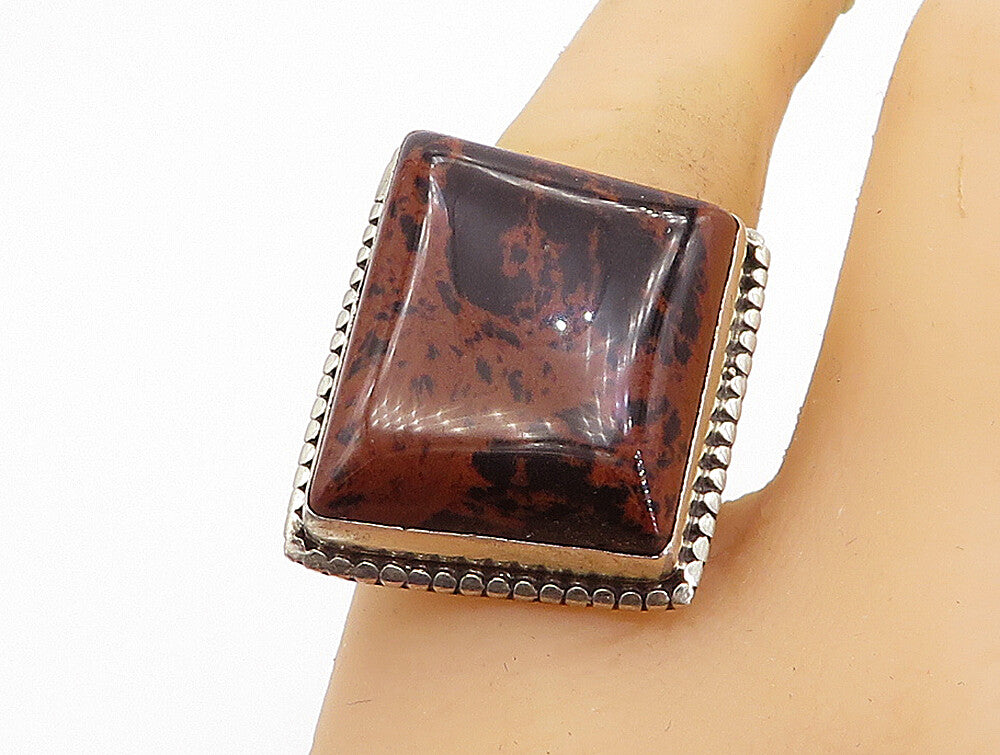 925 Sterling Silver  Vintage Jasper Square Shiny Cocktail Ring Sz 8  RG4074