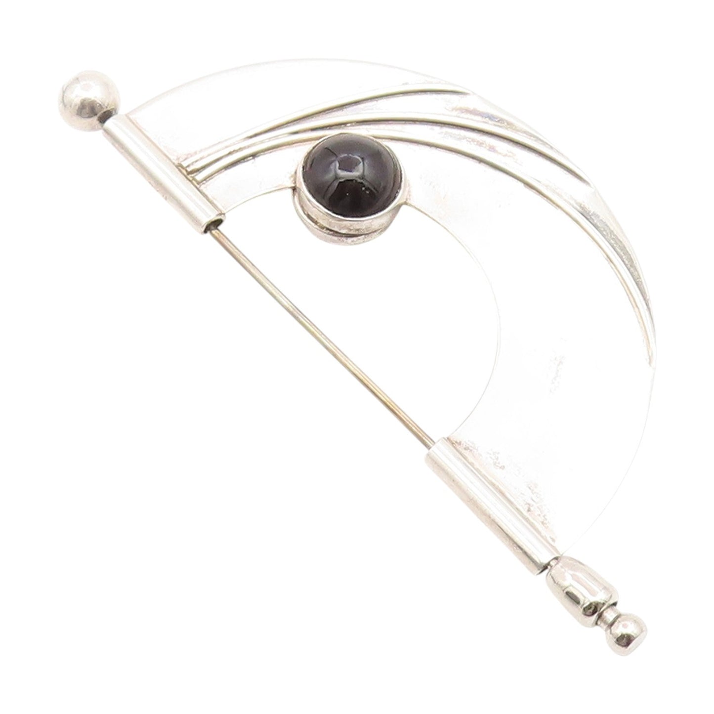 925 Sterling Silver Vintage Brooch Pin Round Cabochon Onyx & Carnelian  BP12431