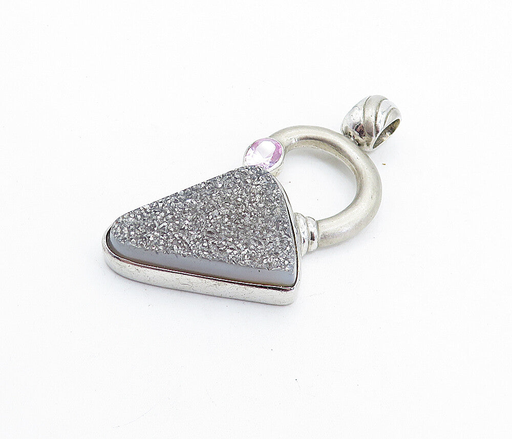 925 Sterling Silver  Vintage Druzy Stone & Pink Topaz Fluted Pendant  PT4573