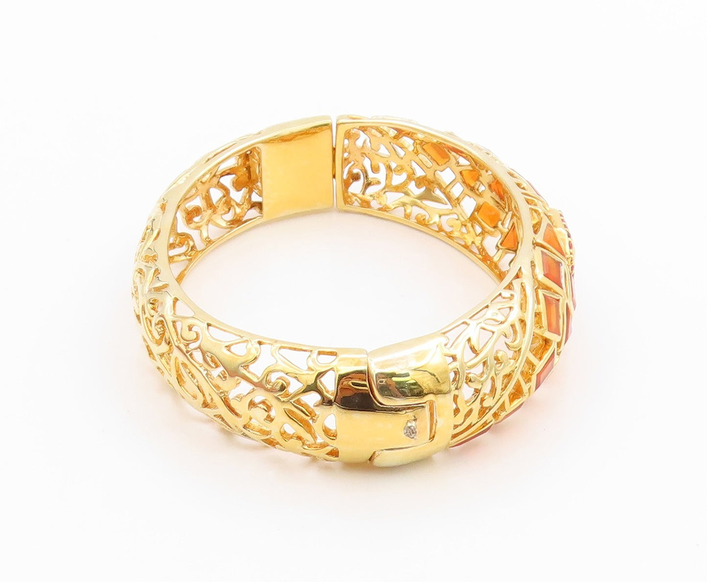 925 Sterling Silver Vintage Bracelet Gold Plated Ruby & Citrine Bangle BT11336