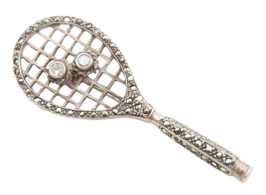 925 Silver  Vintage Cubic Zirconia & Marcasite Tennis Racket Brooch Pin BP9591