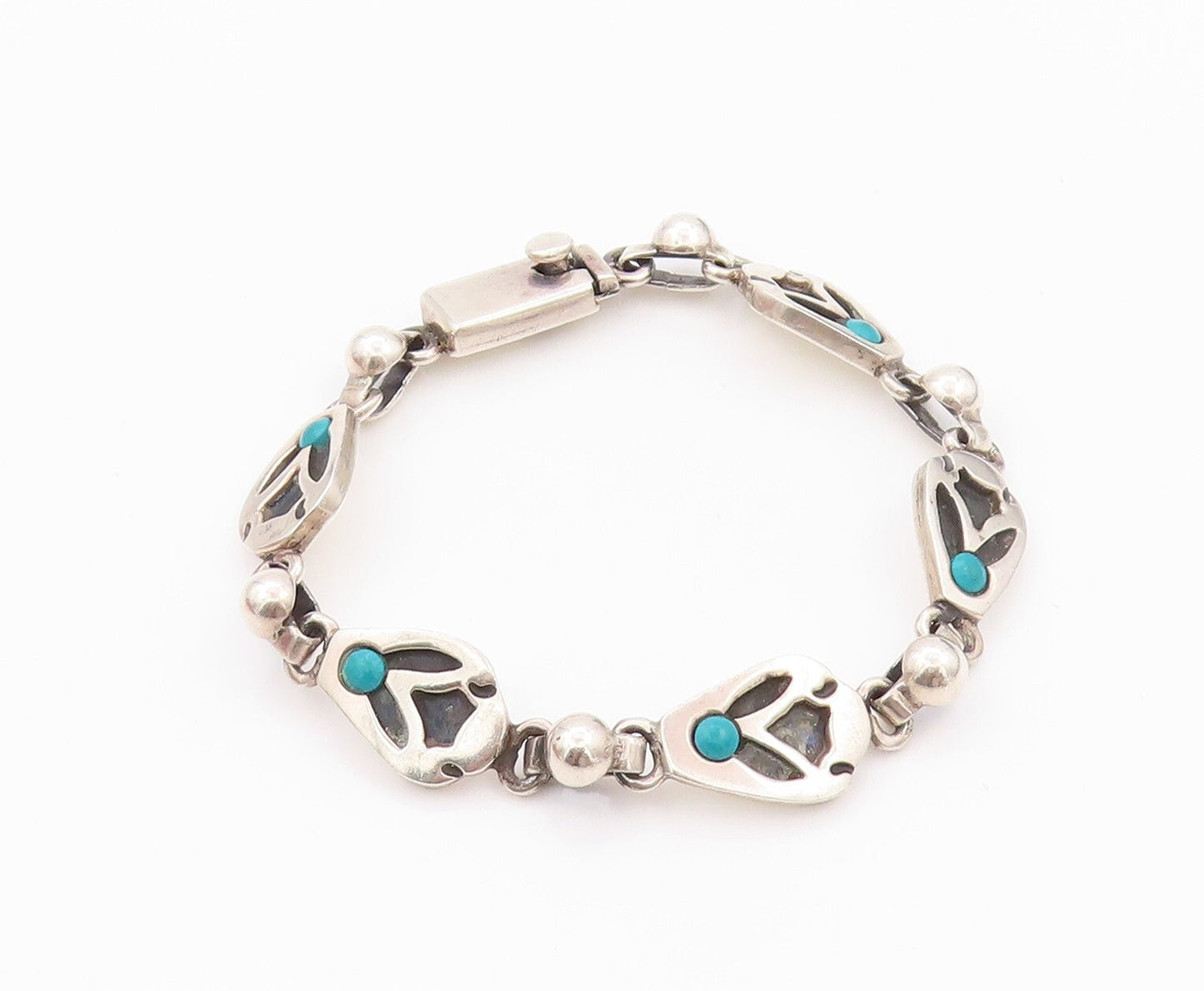 925 Sterling Silver Vintage Bracelet MEXICO Turquoise Flower Carved  BT11083