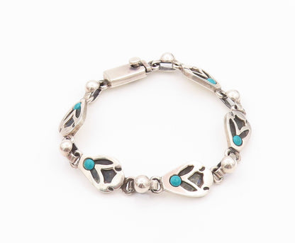 925 Sterling Silver Vintage Bracelet MEXICO Turquoise Flower Carved  BT11083