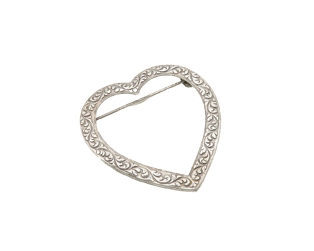 925 Sterling Silver  Vintage Swirl Vine Open Love Heart Brooch Pin  BP7207