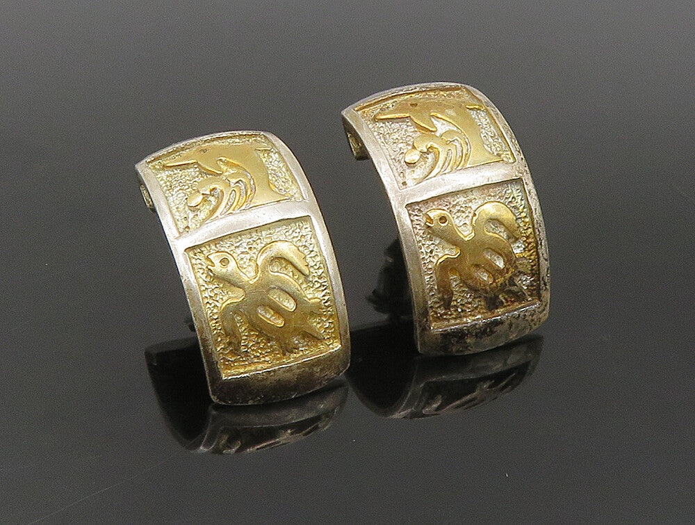 925 Silver & 14K GOLD  Vintage Two Tone Sea Animal Curve Drop Earrings EG11529