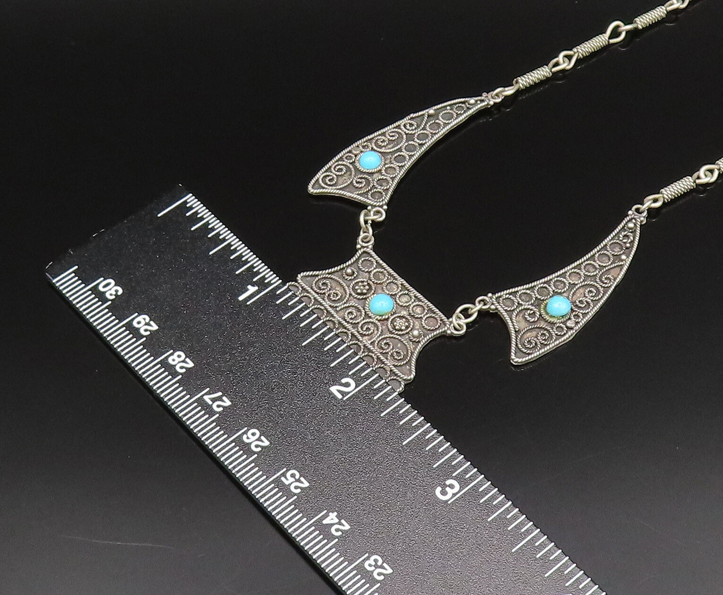 ISRAEL 925 Silver  Vintage Antique Spiral Rope Twist Turquoise Necklace NE3925
