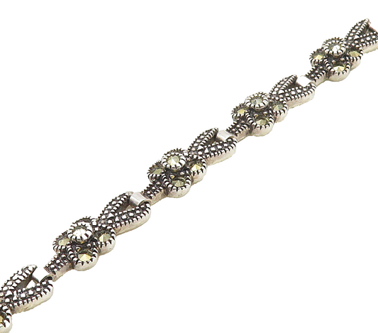 925 Sterling Silver  Vintage Marcasite Flower Motif Chain Bracelet  BT6469
