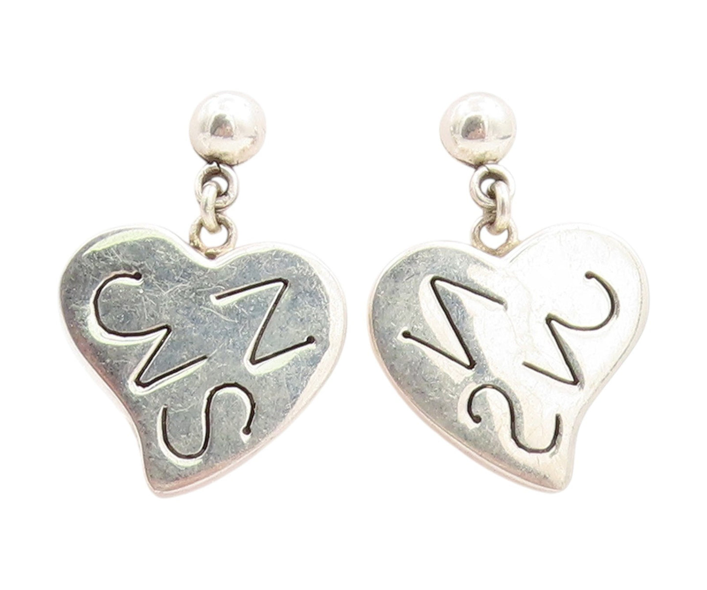 925 Sterling Silver Vintage Earrings MEXICO Carved Initials Love Heart  EG13719