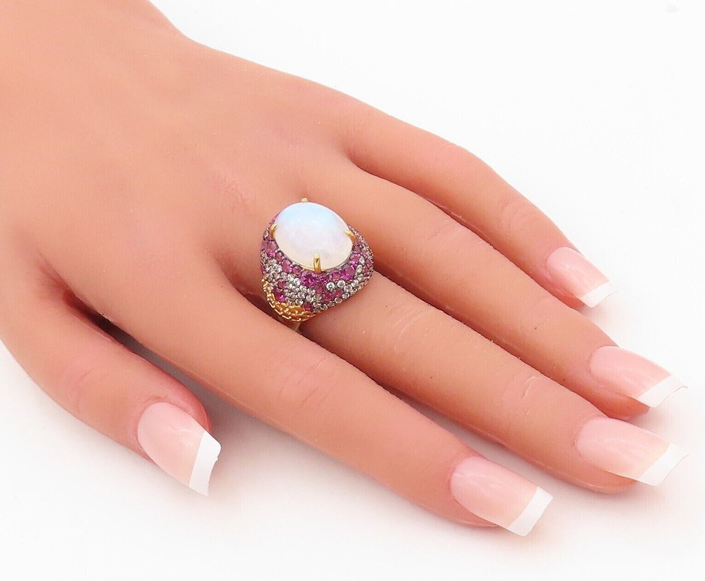 925 Sterling Silver Vintage Ring Gold Plated Gemstone & Pink Topaz  Sz 7 RG30335