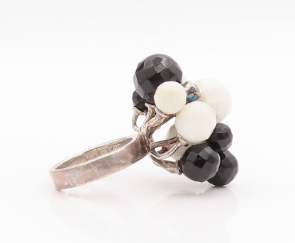 925 Sterling Silver Vintage Ring Modernist Gemstone Beads & CZ  Sz 6  RG33131