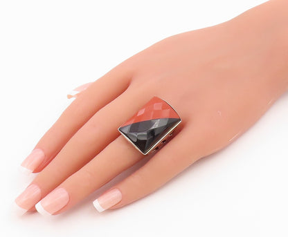 925 Sterling Silver Vintage Ring Faceted Black Onyx & Jasper Band  Sz 6  RG36606