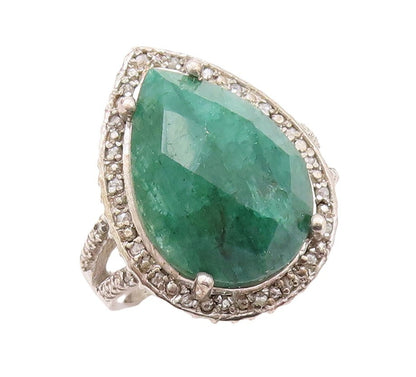 925 Sterling Silver Vintage Ring Green Gemstone Halo Diamonds  Sz 7  RG29950