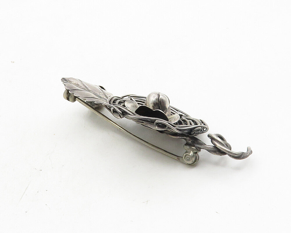 925 Sterling Silver  Vintage Hand Made Floral Leaf Nest Brooch Pin  BP3929