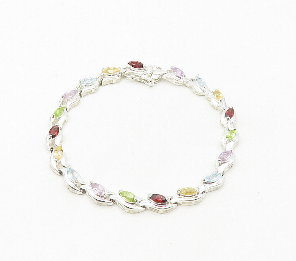 925 Sterling Silver  Topaz Peridot & Amethyst Shiny Chain Bracelet  BT6420