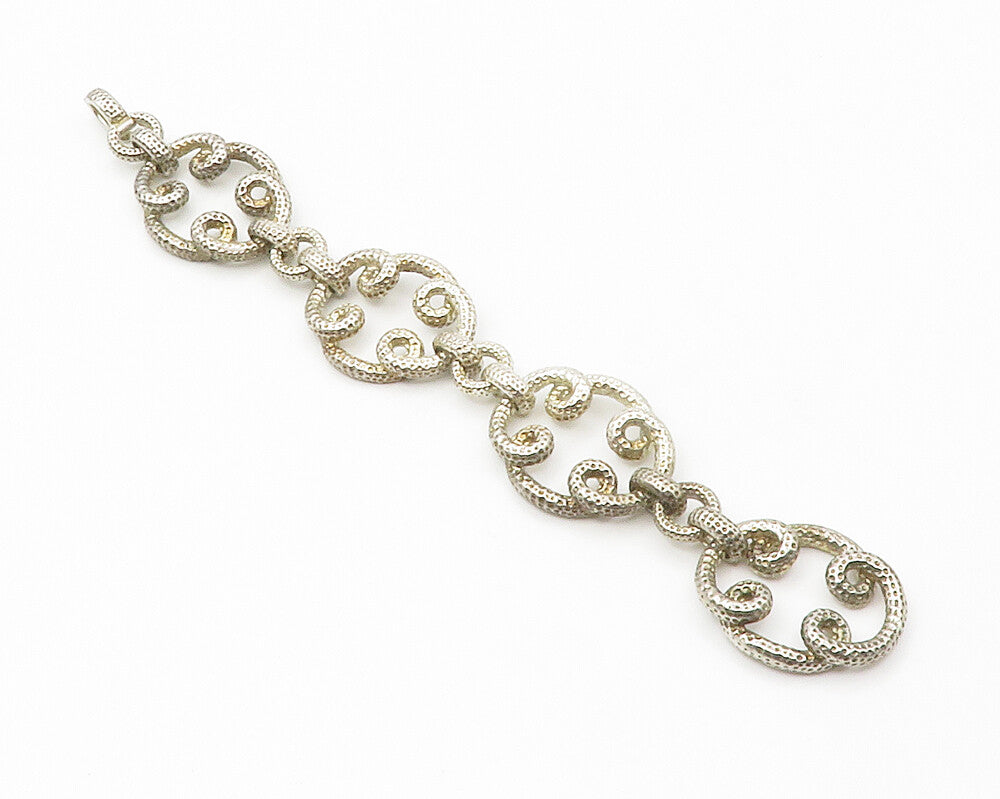 925 Sterling Silver  Vintage Shiny Hammered Swirl Link Chain Bracelet  BT5469