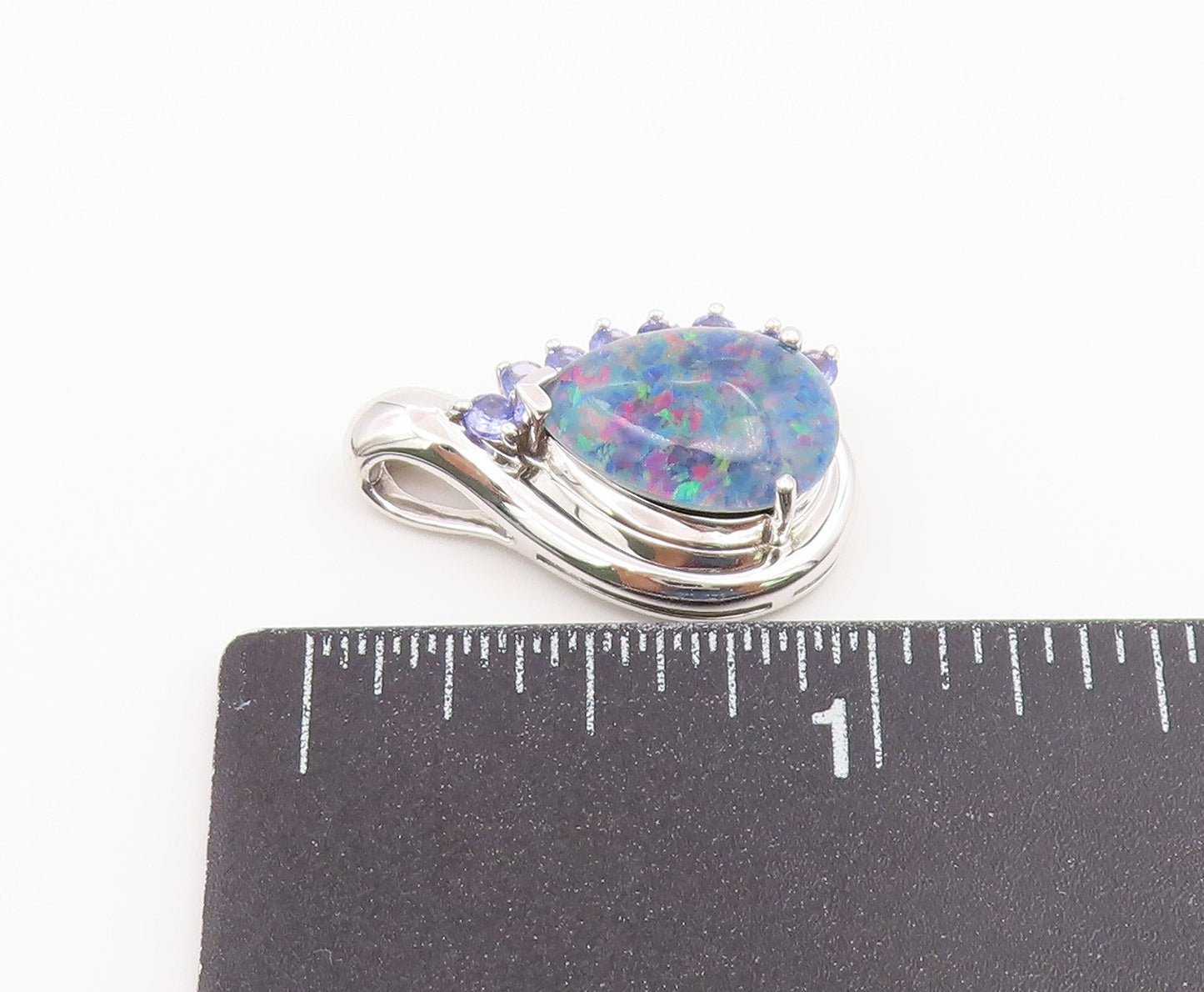 925 Sterling Silver Vintage Pendant Fire Opal & Tanzanite Teardrop  PT26590
