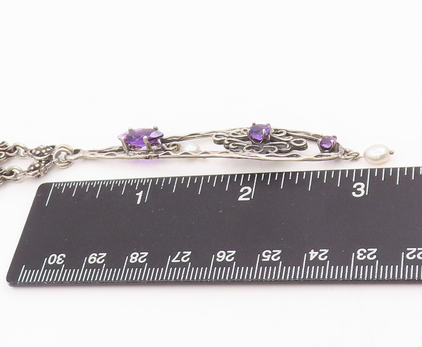 925 Sterling Silver Vintage Necklace Purple Amethyst & Pearl Floral Drop  NE4756