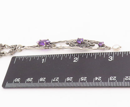 925 Sterling Silver Vintage Necklace Purple Amethyst & Pearl Floral Drop  NE4756