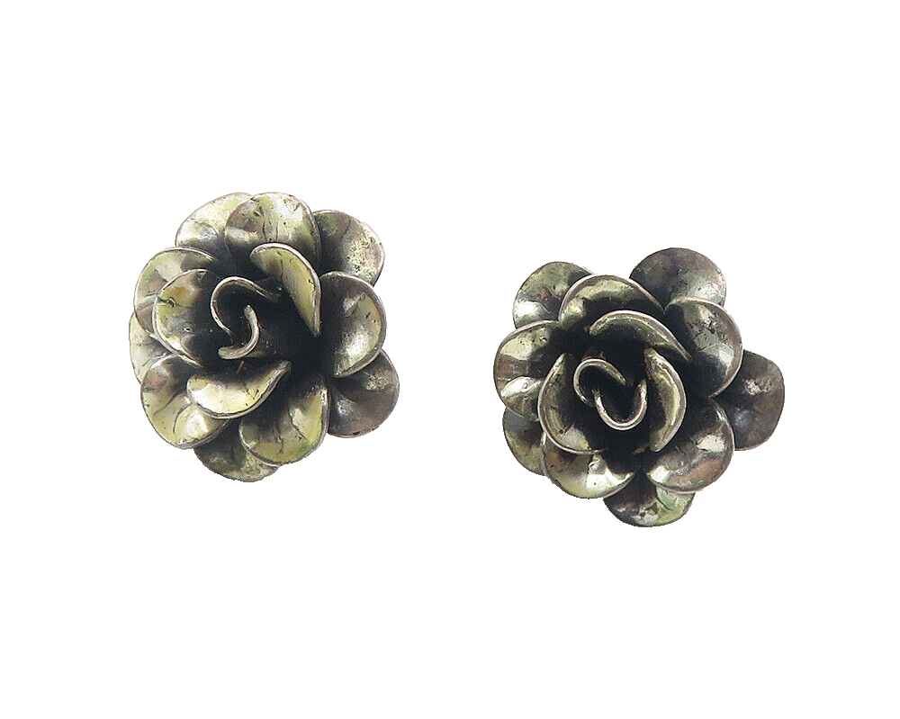 925 Sterling Silver  Vintage Dark Tone Flower Non Pierce Earrings  EG6147