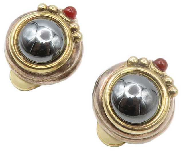 ISRAEL 925 Silver  Vintage Hematite & Garnet Non Pierce Drop Earrings  EG7110