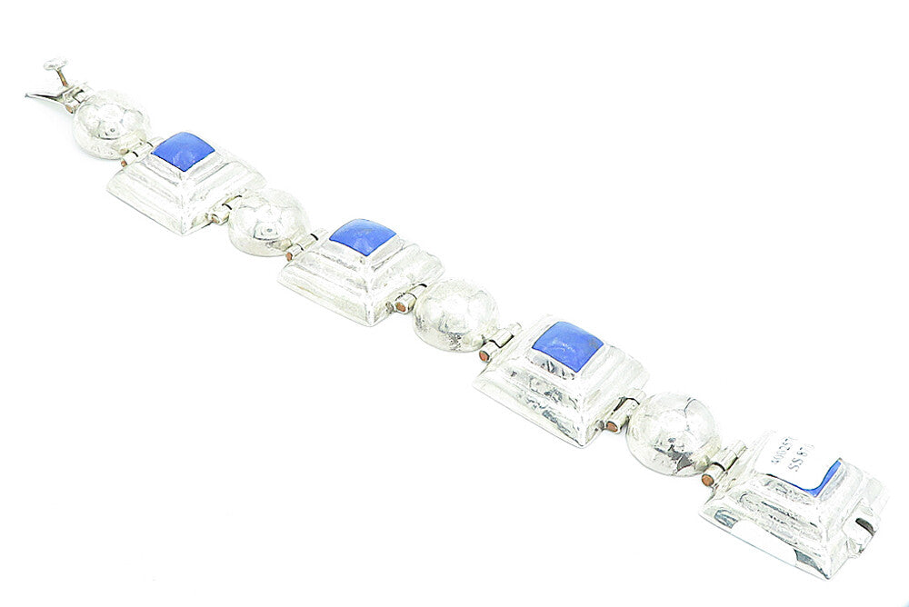 925 Sterling Silver  Vintage Lapis Lazuli Dome Hinge Chain Bracelet  BT1800
