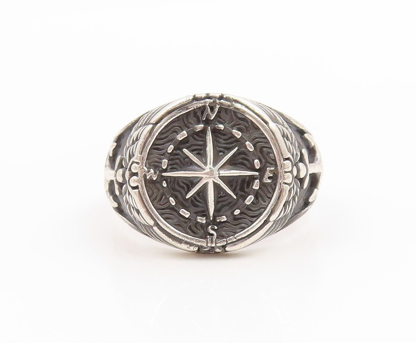 925 Sterling Silver Vintage Ring Nautical Compass & Anchor Band  Sz 13  RG36026
