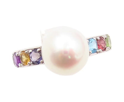 925 Sterling Silver Vintage Ring Modernist Pearl & Gemstone  SZ 8  RG32145
