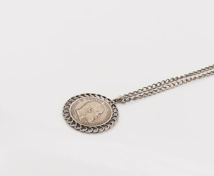 925 Sterling Silver  Vintage German Antique Coin Halo Spiral Necklace  NE4121