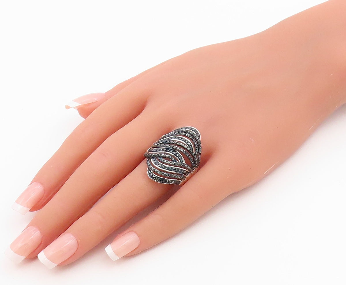 925 Sterling Silver Vintage Ring Real Diamonds Crossover Wave  Sz 9  RG36489