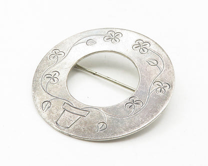 925 Sterling Silver  Vintage Shiny Etched Flower Pot Wreath Brooch Pin  BP4306