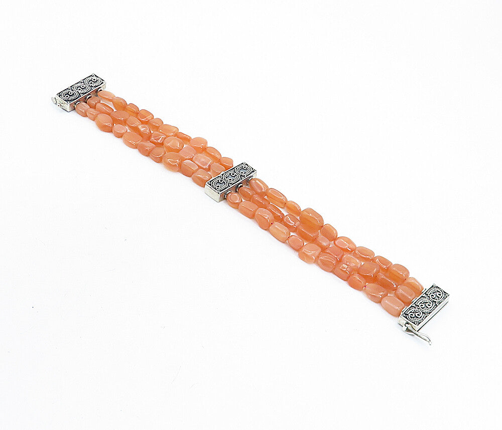 925 Sterling Silver Vintage Carnelian Multi Strand Beaded Bracelet BT2594