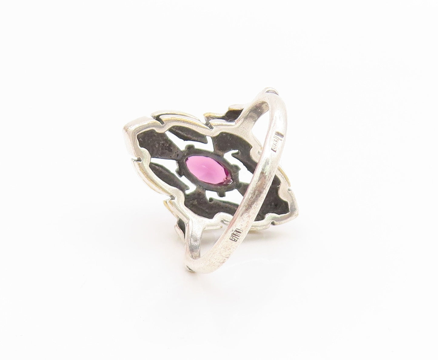925 Sterling Silver Vintage Ring EUROPE Amethyst Open Floral Band  Sz 8  RG34648