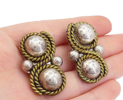 MEXICO 925 Sterling Silver  Vintage Two Tone Twist Non Pierce Earrings  EG2863
