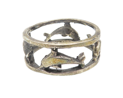 925 Sterling Silver  Vintage Oxidized Dolphins Open Band Ring Sz 9.5  RG10792
