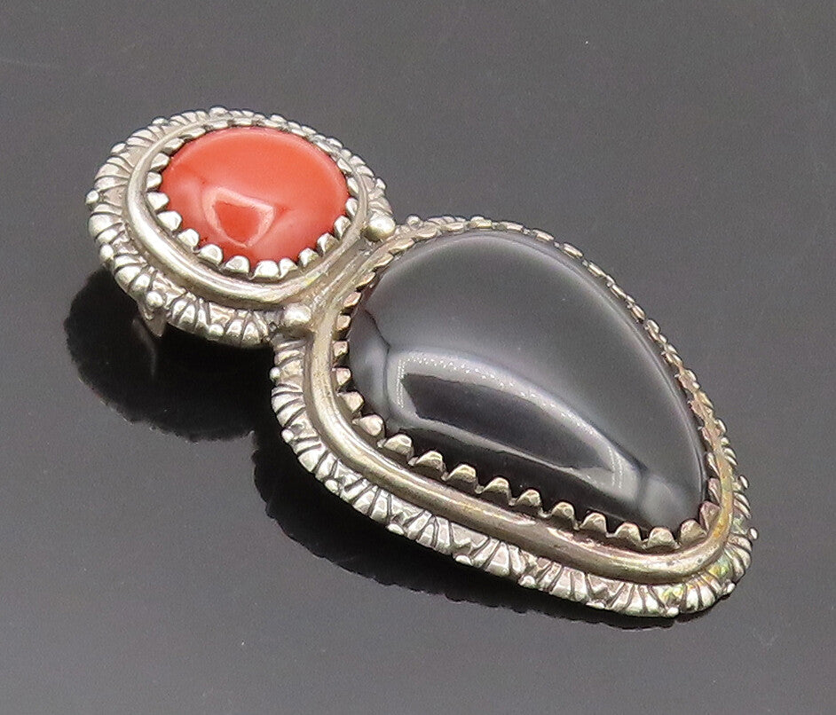 CAROLYN POLLACK 925 Sterling Silver  Vintage Two Tone Onyx Carved Clip  TR3667